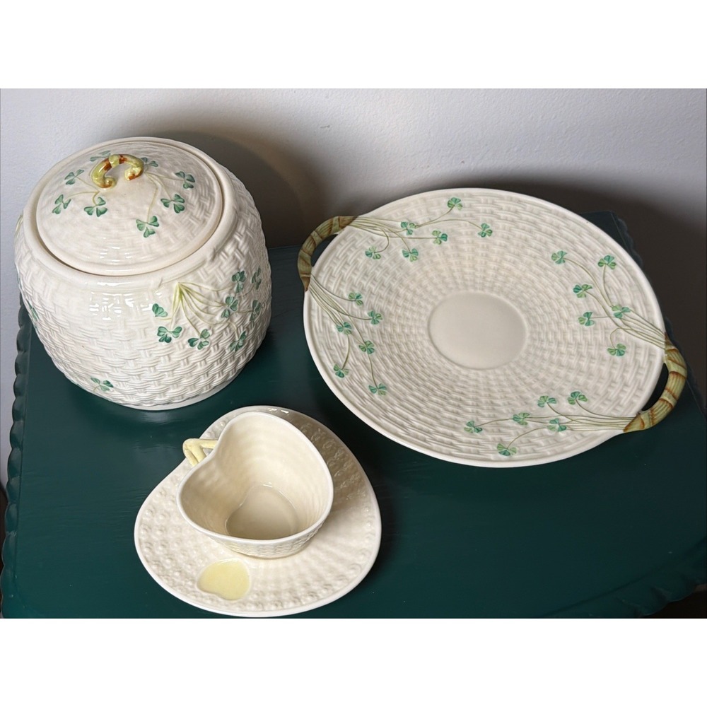 Vintage Belleek Biscuit Jar Biscuit Plate Teacup Set Cottagecore Ireland RARE
